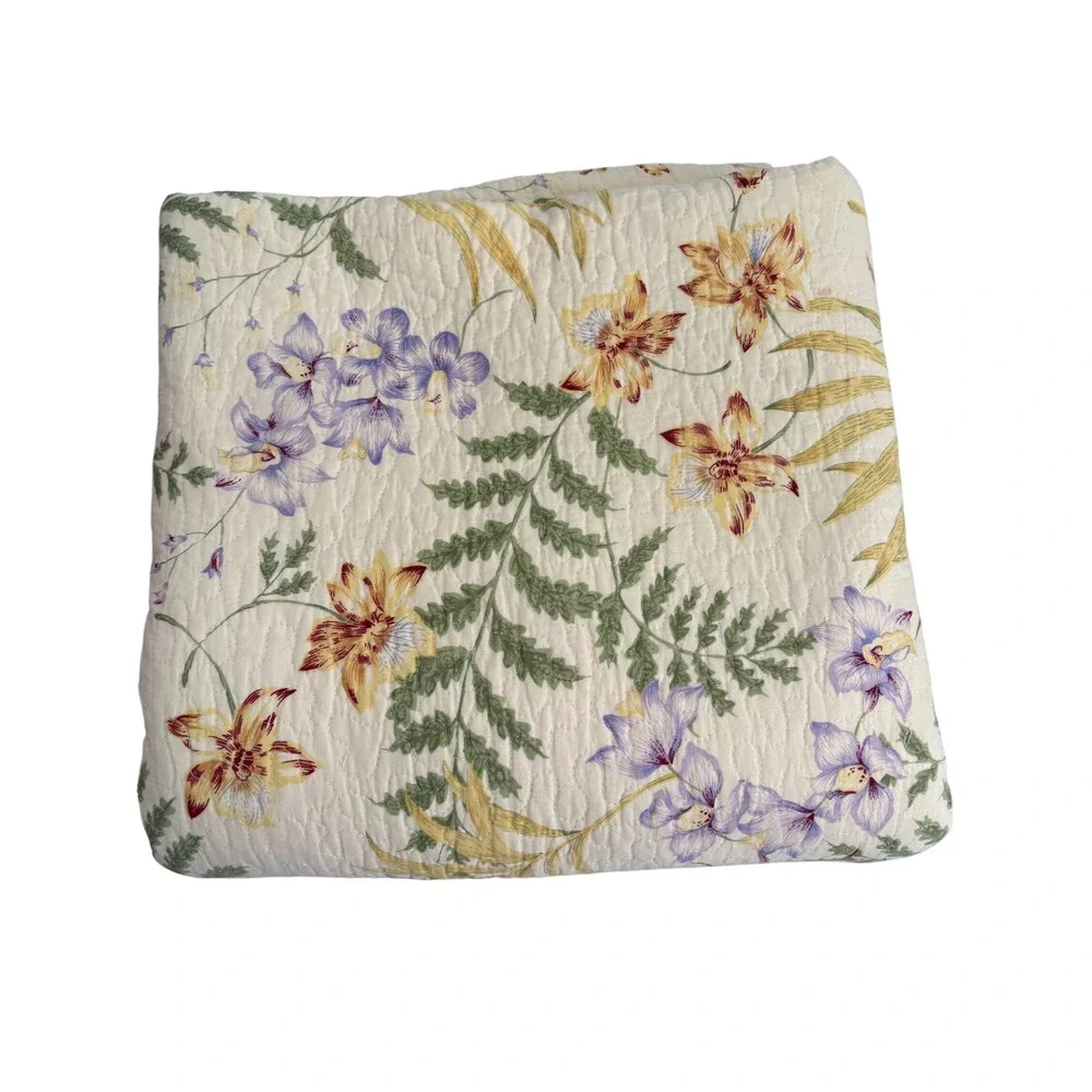 Tropical Floral Quilted Bedspread Orchid Fern Palm Leaf Reversible Queen 90x86
